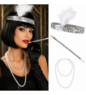 1920&amp;#39;ler Gatsby Gümüş Parti Seti - Çarliston Bandı, İnci Kolye ve Sigara Tutacağı