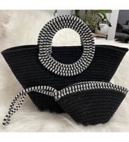 Hasır Çanta Jüt İp El Emeği Çit Çit Kapamali Çanta Cüzdan Seti  35 Cm (Gri - Siyah)