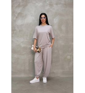 pilelistore- Osy Modal Yumuşak Dokulu Kumaş Oversize Bisiklet Yaka T-shirt Jogger Eşofman Altı Eşofm (Gri)
