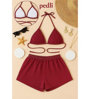 Kadın Bordo Şortlu Belden ve Boyundan Bağlamalı Bikini Takımı