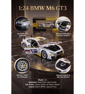 1:24 BMW M6 GT3 Beyaz Metal Diecast Model Araba Sesli ve Işıklı Açılabilir Kapı Lisanslı
