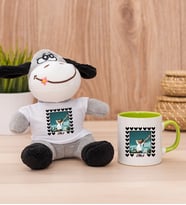 Kişiye Özel Kalp Detaylı Fotoğraflı  Peluş Eşek ve Yeşil Kupa