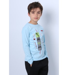 ERKEK ÇOCUK UZUN KOLLU TSHİRT STAY TRUE BASKILI 4 MEVSİM BİSİKLET YAKA E29 (Turkuaz)