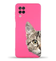 Samsung Galaxy M12 Uyumlu Lansman Kılıf Catface Tasarımlı İçi Kadife Kapak-Neon Pembe (Şeffaf)
