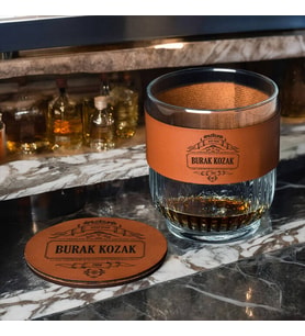 Kişiye Özel Hediye Taba Deri Kaplama Viski Bardak Seti