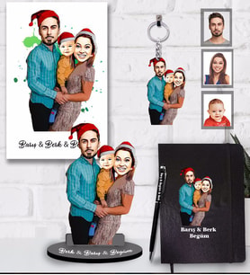 Kişiye Özel Yılbaşı Aile Karikatürlü 5 li Hediye Seti Model-1
