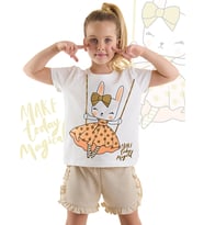 Mutlu Tavşan Kız Çocuk T-shirt Simli Şort Takım (Bej)