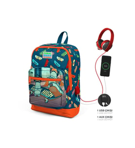 Coral High Kids Dört Bölmeli Turuncu İlkokul Çantası USB Şarjlı Kulaklık Çıkışlı 23823 (Lacivert)