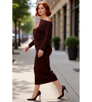 Modern Kadın Asimetrik Yaka Uzun Kollu Bodycon Midi Maxi Elbise Kış Günleri İçin Şık Ve Rahat Örme