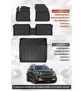 Citroen C3 Aircross Elektrikli 2025 Sonrası Uyumlu 4.5D Premium Havuzlu Paspas ve Liner ALT Bagaj