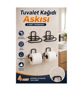 4’lü Siyah Metal Yapışkanlı Tuvalet Kağıdı Askısı – Delmeden Duvara Monte