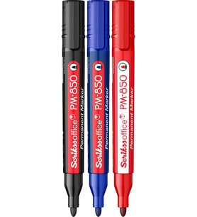 Office PM 850 Permanent Kalıcı Yuvarlak Uçlu Markör 3'Lü Blister Siyah, Mavi, Kırmızı