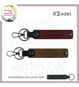 Motosiklet Tutkunlarına, İsim Plaka ve 0 Rh (-) Kan Grubu Yazılı Deri x2 Anahtarlık, Kahve-Bordo-Syh (Çok Renkli)