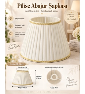 Gold Detaylı Krem Pilise Abajur Şapkası 40 cm – Klasik Dekoratif Aydınlatma Başlığı
