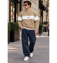Erkek Şerit Detaylı Believe Baskılı 3 İplik Şardonlu Bisiklet Yaka Sweatshirt