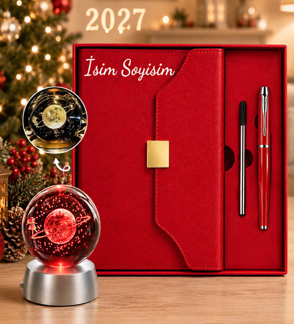 Kişiye Özel Yılbaşı Hediyesi Kırmızı Ajanda Kalem Seti & 3D Satürn Kristal Işıklı Küre