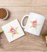 Kişiye Özel Pembe Yıldız Kafa Fotoğraflı Beyaz Kupa ve Bardak Altlığı