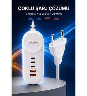 15W Çoklu Şarj Adaptörü 2 Type-C 2 USB-A Çıkışlı PD Lightning Destekli 4 Portlu Aşırı ısınma, kısa devre ve yüksek akım koruması