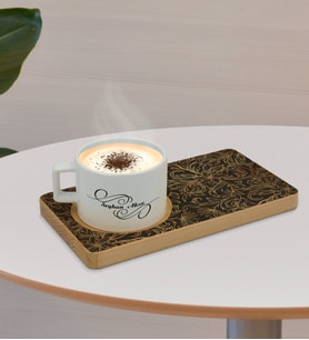 BK Gift Kişiye Özel Retro Motif Tasarımlı Doğal Ahşap Tabaklı Seramik Fincan Sunum Seti  Model 16
