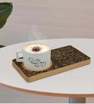 BK Gift Kişiye Özel Retro Motif Tasarımlı Doğal Ahşap Tabaklı Seramik Fincan Sunum Seti  Model 16