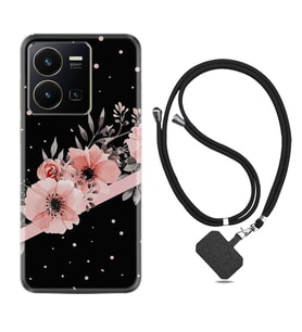 Vivo Y22 Kılıf Resimli Boyun Askılı İpli Desenli Silikon Siyah Şerit Mermer 1298