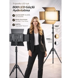 800 LED Profesyonel Video Işığı Tripodlu – Ayarlanabilir Parlaklık & 3200K-5600K Renk Sıcaklığı – Fotoğraf, Yayıncı, Vlog Işığı (Siyah)