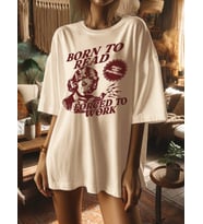 Beyaz Born to Reat Baskılı Oversize T-Shirt (Bej)