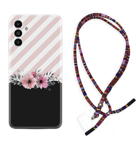 Samsung A23 A31 A32 A50 A51 A52 A53 A70 Kılıf Boyun Asklı Rasta Silikon Strip Pink Flowers 1396