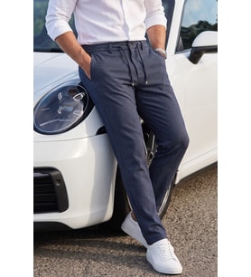 DeepSEA Erkek Slim Fit Çizgili Mavi Kumaş Pantolon – İpli Esnek Bel Likralı Spor Pantolon 2700240