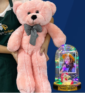 Size Özel Renkli Led Işıklı Fanus ve Büyük Boy Pembe Peluş Ayıcık Hediye Seti (Model 10)