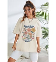 Unisex Flowers Baskılı Oversize Tshirt (Bej)