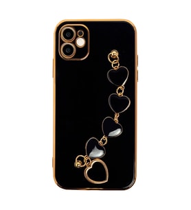 Ally iPhone 12 6.1inç Kılıf Kalp Bileklik Tutuculu Lüx Silikon Askılı Kılıf (Siyah)