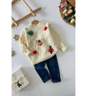 Miniğimin Cicileri Yılbaşı Konsepli Taytlı Triko Unisex Çocuk Takım - Krem