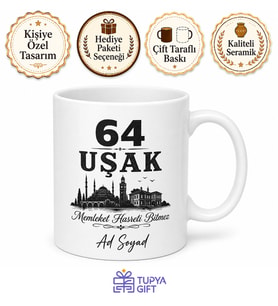 Uşaklı Hemşehriye Memleket Plakalı Kupa Bardak Hediye 64 Uşak
