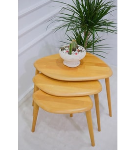 Doğal Ahşap Zigon Sehpa, Masif 3'lü Set, Modern Masif Yan Sehpa (Naturel)