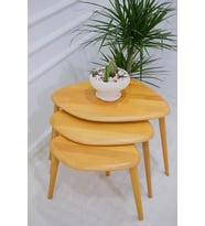 Doğal Ahşap Zigon Sehpa, Masif 3'lü Set, Modern Masif Yan Sehpa (Naturel)