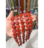 Çim Mercan Taşı Daire Kesim Parlak Kırmızı 8x18mm Doğal Taş 18mm Aa]