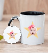 Kişiye Özel Pembe Yıldız Kafa Fotoğraflı Siyah Kupa Bardak ve Anahtarlık