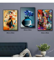 saksı çiçek sanatsal kadın çok renkli karışık resim tablosu 3 adet 35cmx50cm kumaş baskılı canvas tablo