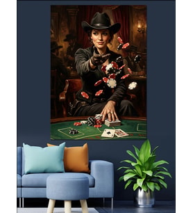 Poker Masasında Karizmatik Kovboy Kadın Dekoratif Kanvas - Mdf Ahşap Tablo