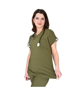 Unisex Haki Esnek Likralı Doktor Hemşire Aşçi Scrubs  Tek Üst  Forma