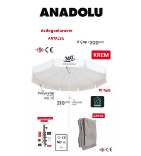 Ada Plaj  Bahçe 2 Mt 10 Telli Bej  Şemsiye + Çanta+Kazık (Krem)