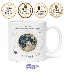 Ali Kuşçu Ay Haritası Astronomi Gökbilim Yıldız Gözlemcisi Özel Tasarım Porselen Kupa Bardak Hediye