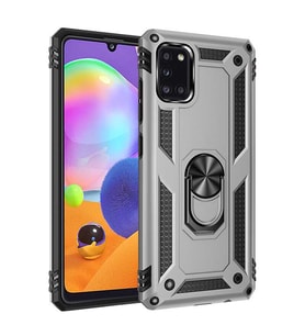 Samsung Galaxy A31 Kılıf Metal For Car Yüzüklü Standlı Military Ring Serisi (Gümüş)
