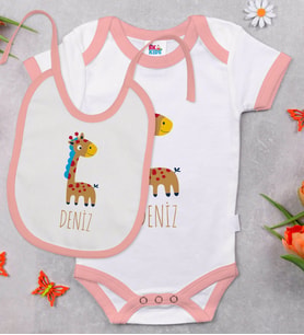 BK Kids Kişiye Özel İsimli Pembe Bebek Body Zıbın ve Mama Önlüğü Hediye Seti-17