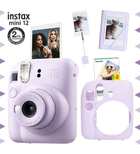 Instax mini 12 Lila Fotoğraf Makinesi-20'li Film-Kıskaçlı Stand-Mini Albüm ve Silikon Kılıf Seti