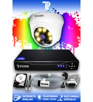 PICAM 1 Kameralı Dome 1 İç Kamera Set 250 GB HDD Full HD Renkli Gece Görüşlü Güvenlik Kamerası Sistemi