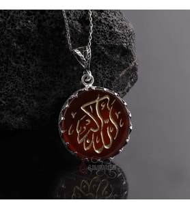 Akik Taşı El Yazması Allahu Ekber Yazılı 925 Ayar Gümüş Kolye