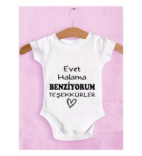 Unisex Bebek Beyaz Evet Halama Benziyorum Teşekkürler Zıbın