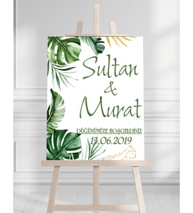 Söz Nişan Düğün İçin 50x70 Karşılama Panosu - Yeşil Yaprak Tasarımlı